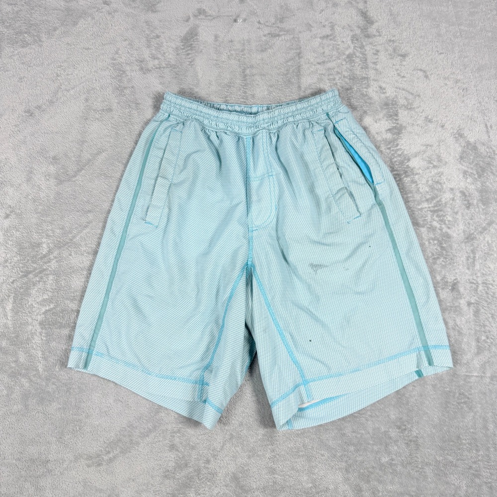 Lululemon Mens Small Blue Check Athletic Running Shorts Liner 9 Inch Inseam